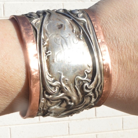Art Nouveau Lady Face Sterling Cuff Bracelet 925 Victorian Copper Alfonso mucha - Picture 2 of 8